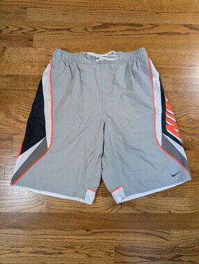 Nike Men's Swim Trunks Gray Orange Logo Mesh Lined Size Medium